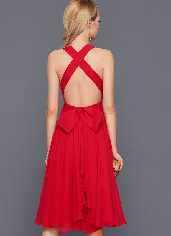 Trapèze col v longueur genou mousseline robe de cocktail avec nœud à volants - gallery 1