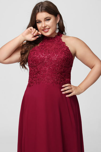 Trapèze licou longueur ras du sol dentelle mousseline robe de bal avec paillettes - gallery 9