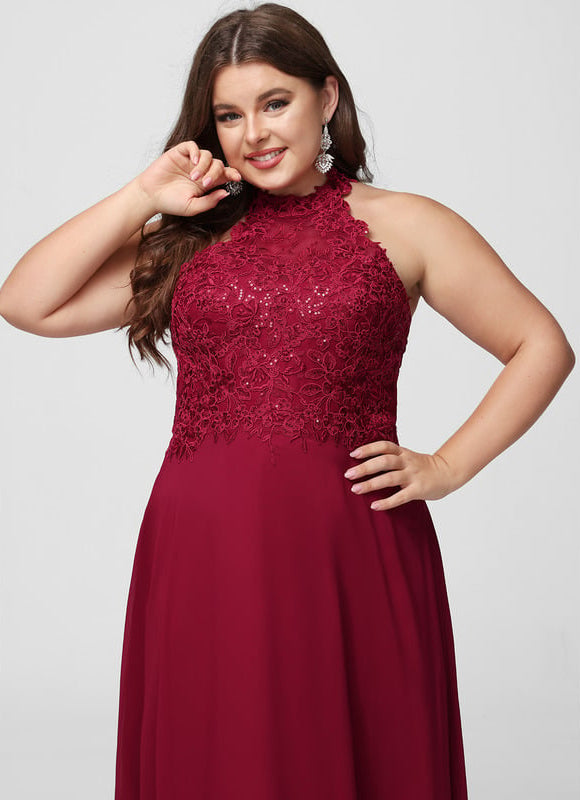 Trapèze licou longueur ras du sol dentelle mousseline robe de bal avec paillettes - gallery 9