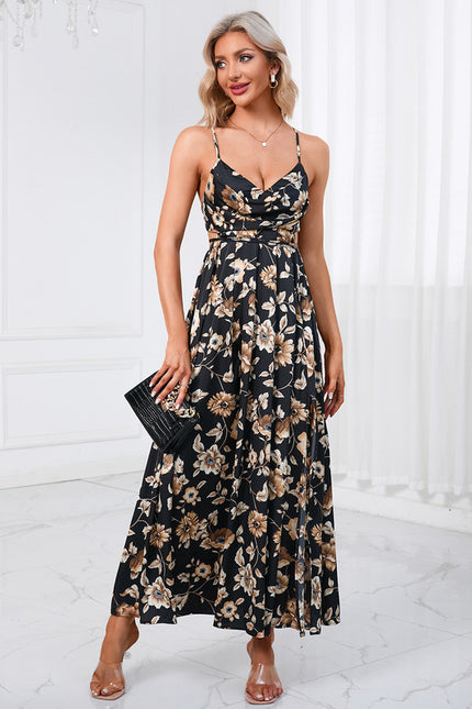 Robe fleurs à volants imprimé fleur col bénitier trapèze satin maxi - gallery 1