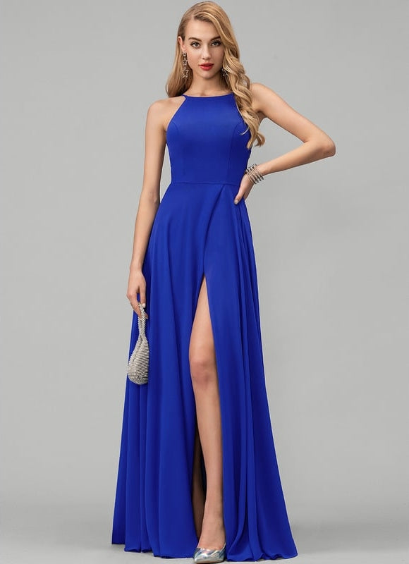 Trapèze col rond longueur ras du sol mousseline robe de demoiselle d'honneur - gallery 1