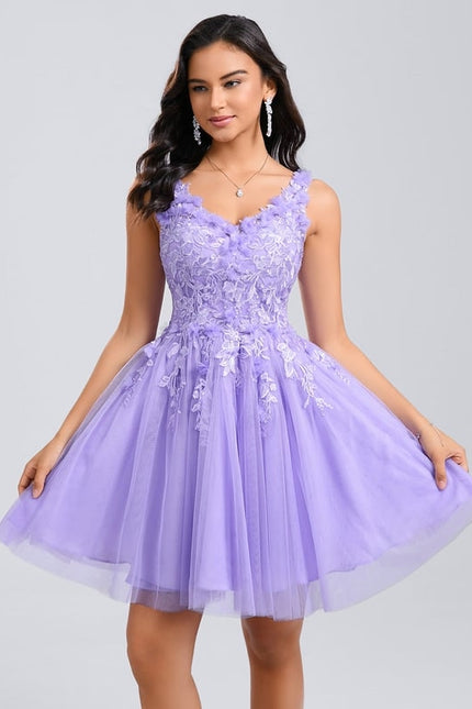 Princesse col v court dentelle tulle robe de bal de promo avec fleurs