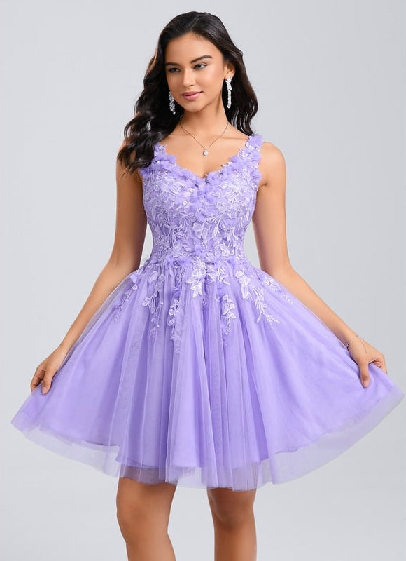 Princesse col v court dentelle tulle robe de bal de promo avec fleurs