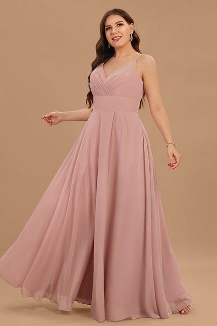 Trapèze col v longueur ras du sol mousseline robe de bal avec plissée - gallery 7