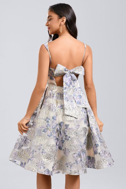 Trapèze col carré longueur genou jacquard robe de bal de promo avec nœud - gallery 1