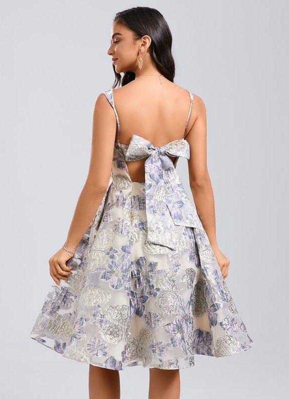 Trapèze col carré longueur genou jacquard robe de bal de promo avec nœud - gallery 1