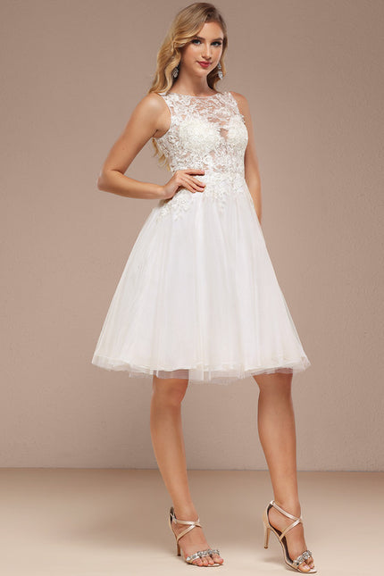 Trapèze col bateau longueur genou tulle dentelle robe de mariée avec paillettes - gallery 1
