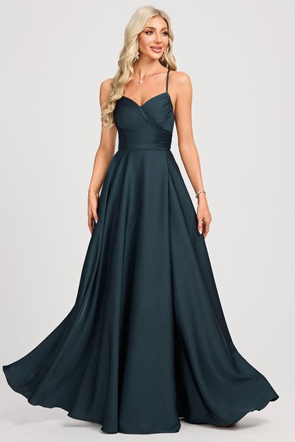 Trapèze col v longueur ras du sol satin mat robe de bal avec plissée - gallery 1