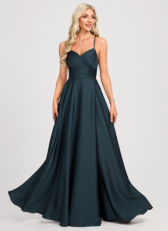 Trapèze col v longueur ras du sol satin mat robe de bal avec plissée - gallery 1