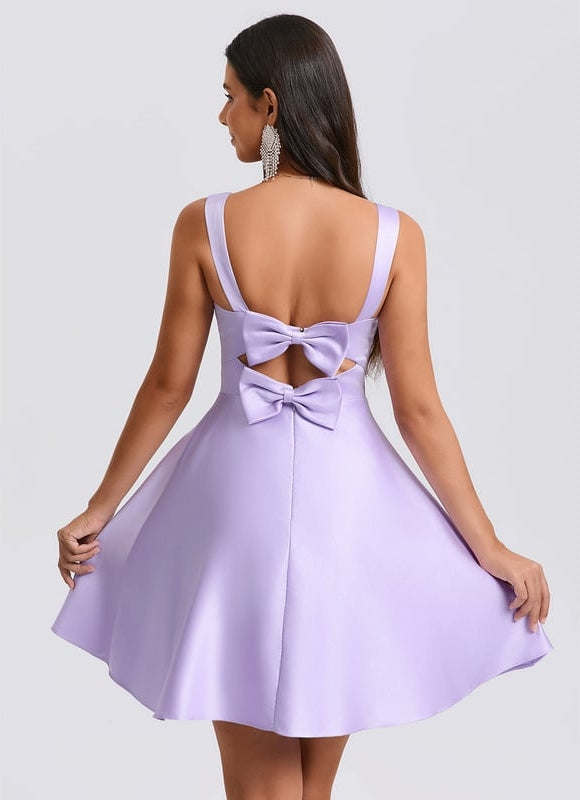 Trapèze col cœur court satin robe de bal de promo avec nœud - gallery 4