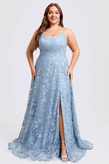 Trapèze col rond longueur ras du sol dentelle floral robe de bal avec paillettes - gallery 9