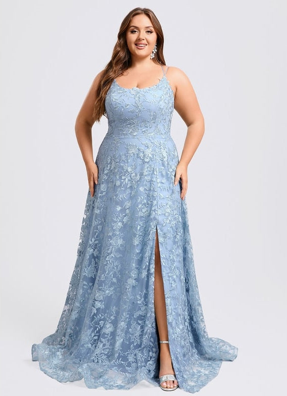 Trapèze col rond longueur ras du sol dentelle floral robe de bal avec paillettes - gallery 9