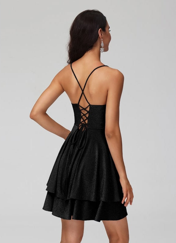 Trapèze col v court jersey robe de bal de promo avec paillettes - gallery 4