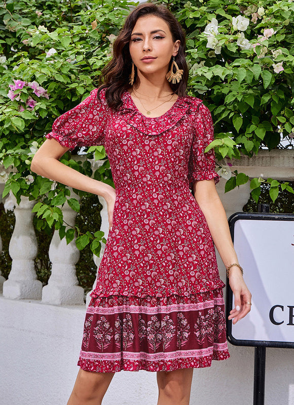 Robe imprimé fleur col rond trapèze rayonne mini - gallery 4