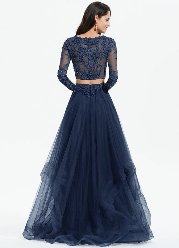 Princesse col rond longueur ras du sol tulle robe de bal avec perles paillettes - gallery 2