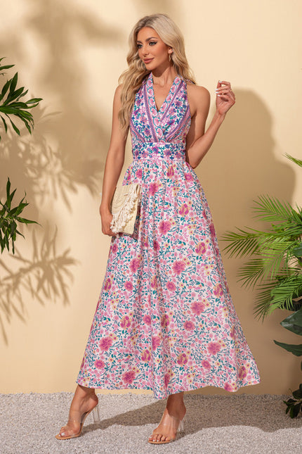 Robe imprimé fleur licou trapèze polyester maxi - gallery 3