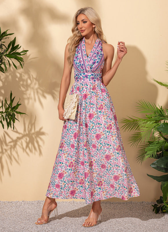 Robe imprimé fleur licou trapèze polyester maxi - gallery 3