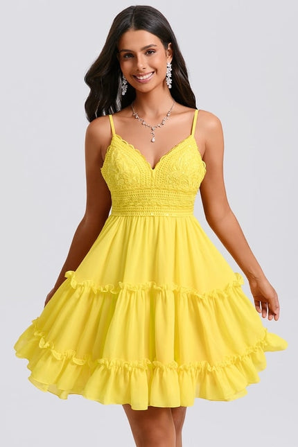 Trapèze col v court mousseline robe de bal de promo avec à volants paillettes - gallery 2