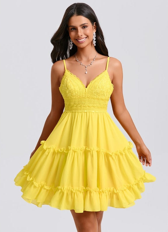 Trapèze col v court mousseline robe de bal de promo avec à volants paillettes - gallery 2