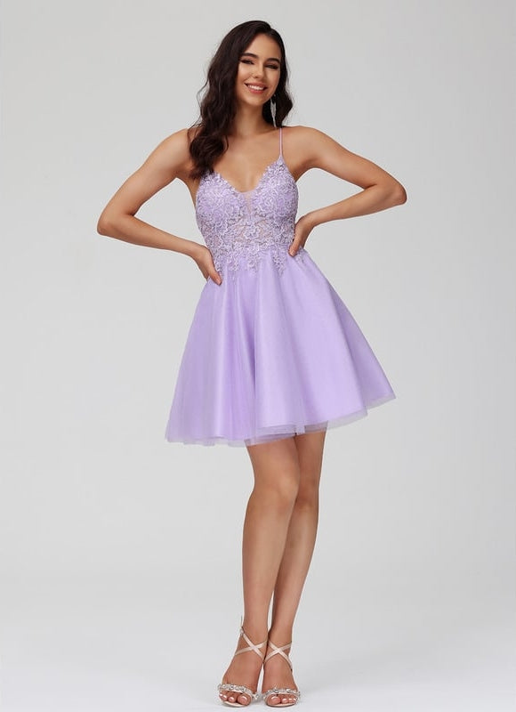 Trapèze col v court dentelle tulle robe de bal de promo avec perles - gallery 6