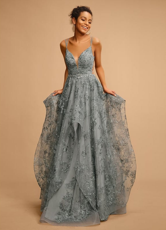Princesse col v longueur ras du sol tulle dentelle robe de bal