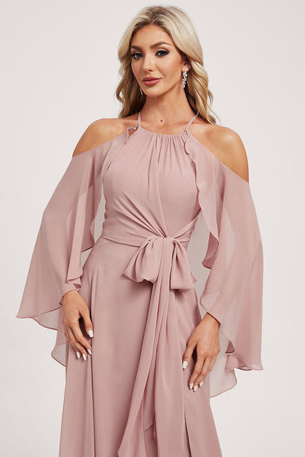 Trapèze décolleté épaules licou longueur ras du sol mousseline robe de demoiselle d'honneur - gallery 6