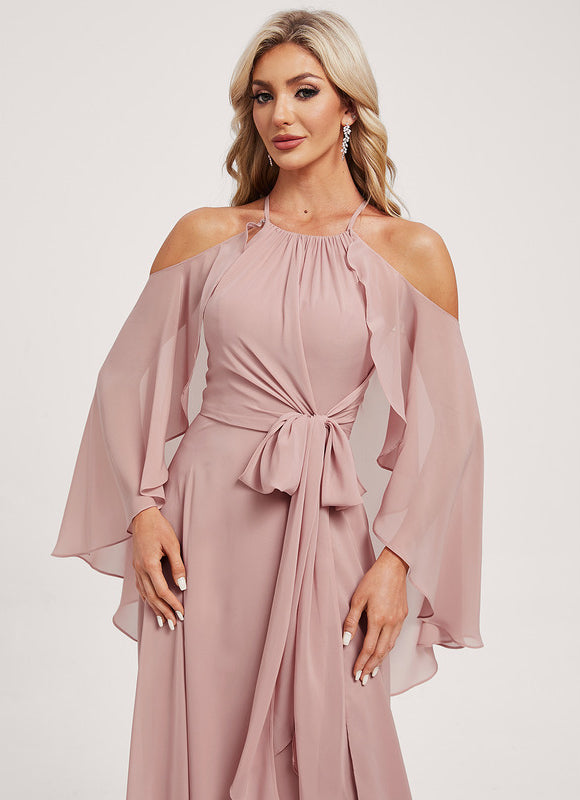 Trapèze décolleté épaules licou longueur ras du sol mousseline robe de demoiselle d'honneur - gallery 6