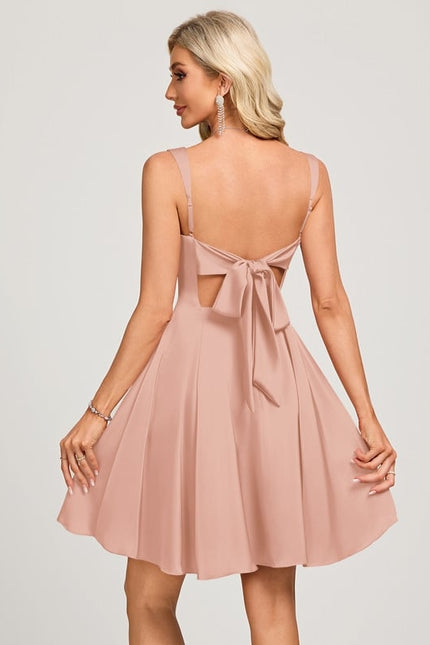 Trapèze col carré court satin mat robe de bal de promo avec nœud - gallery 1