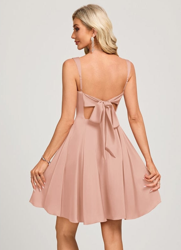 Trapèze col carré court satin mat robe de bal de promo avec nœud - gallery 1