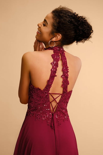 Trapèze licou longueur ras du sol dentelle mousseline robe de bal avec paillettes - gallery 4