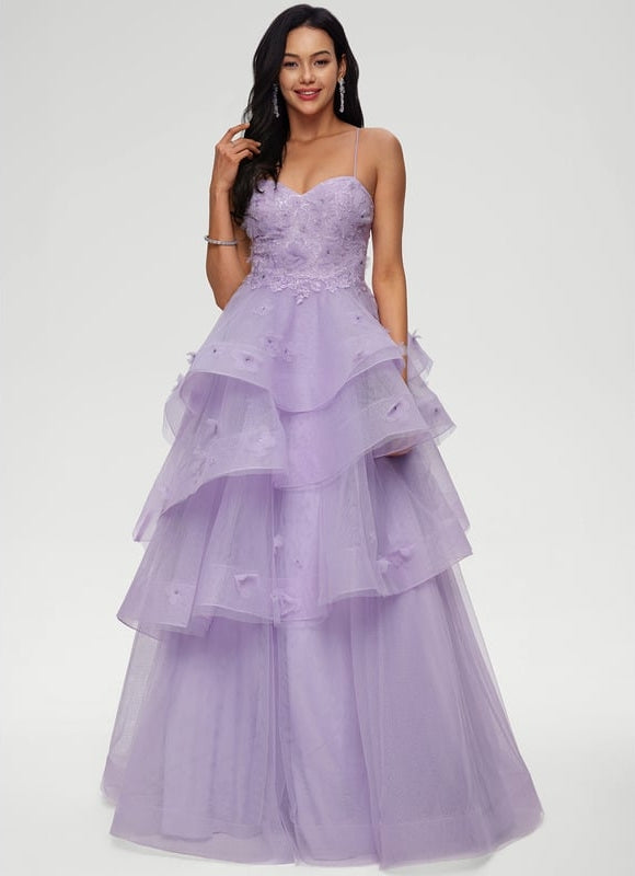 Princesse col cœur longueur ras du sol tulle robe de bal avec paillettes perles - gallery 2