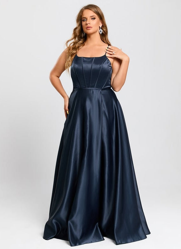 Trapèze col rond longueur ras du sol satin robe de bal - gallery 9