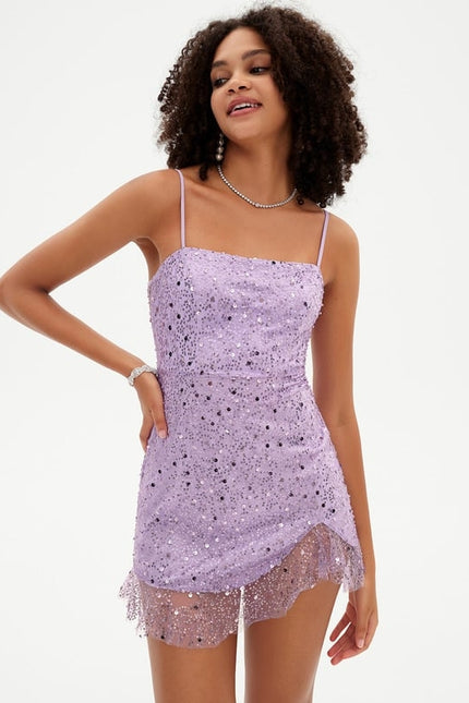 Fourreau col droit mini paillette robe de bal de promo avec paillettes perles - gallery 4