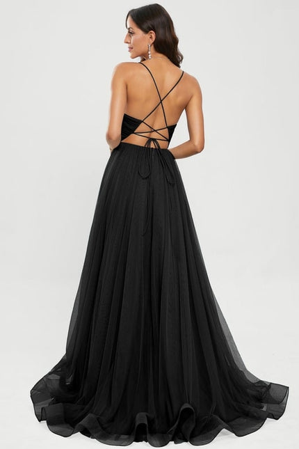 Princesse col v traîne balayage tulle robe de bal - gallery 3