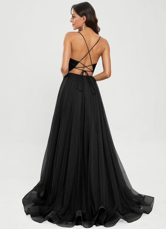Princesse col v traîne balayage tulle robe de bal - gallery 3