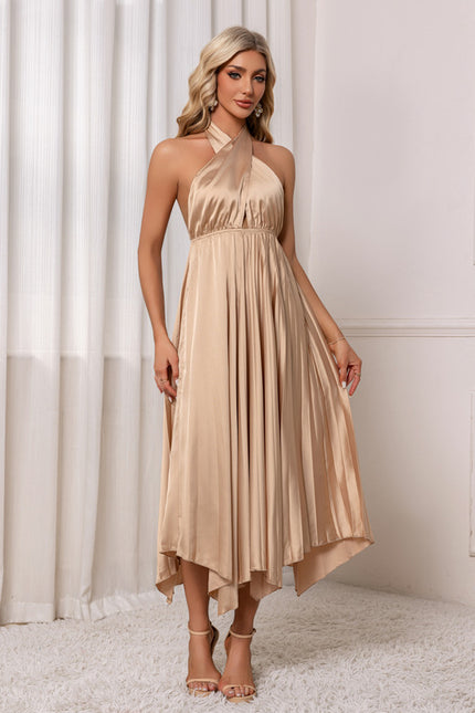 Robe plissée licou trapèze satin maxi - gallery 5