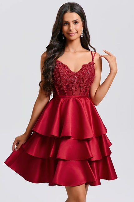 Princesse col v court satin robe de bal de promo avec paillettes appliques de dentelle perles - gallery 1