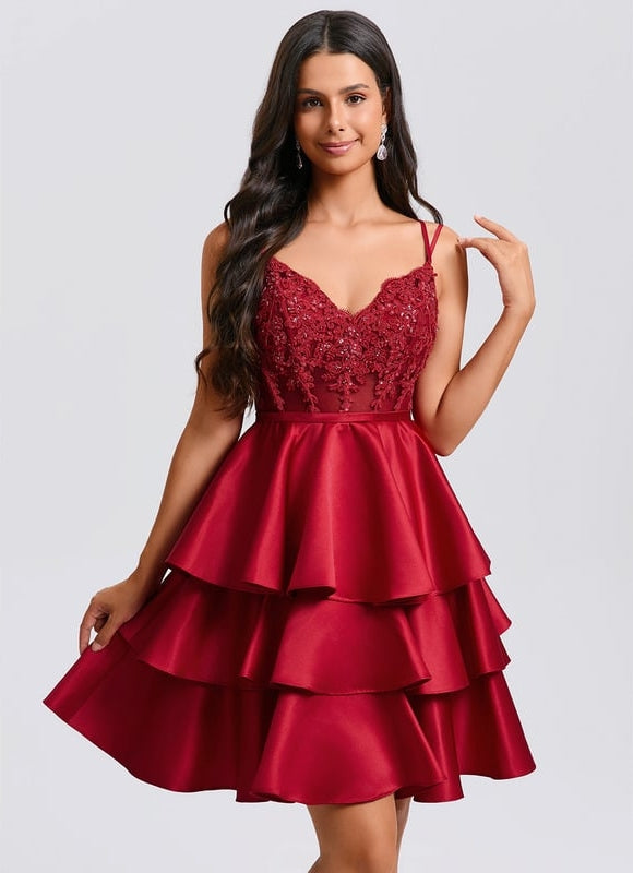 Princesse col v court satin robe de bal de promo avec paillettes appliques de dentelle perles - gallery 1
