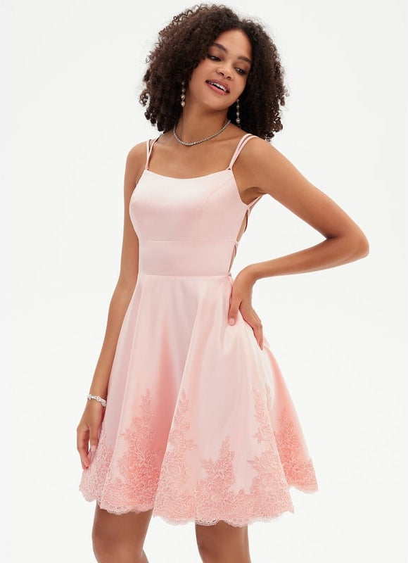 Trapèze col rond court satin robe de bal de promo - gallery 5