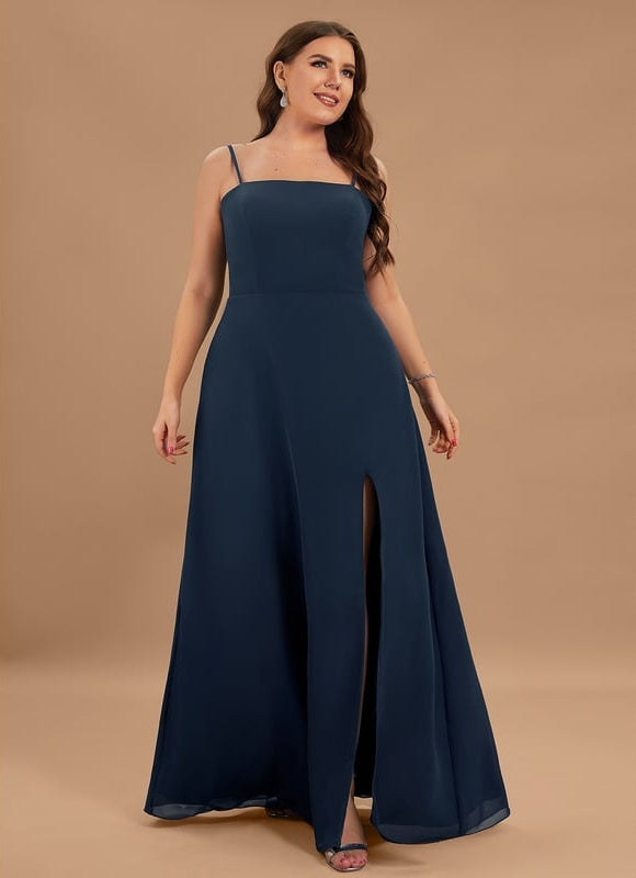 Trapèze col carré longueur ras du sol mousseline robe de demoiselle d'honneur - gallery 6