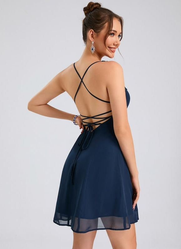 Trapèze col carré court mousseline robe de bal de promo - gallery 3