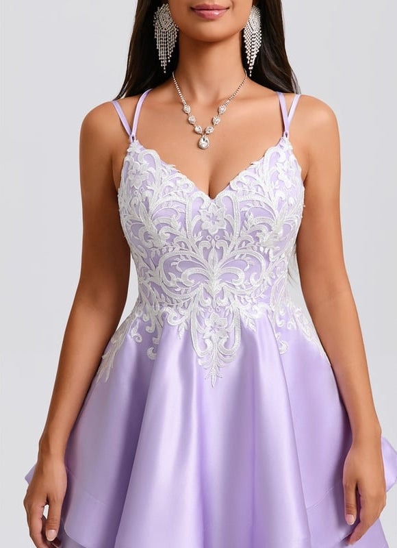 Trapèze col v court satin robe de bal de promo avec appliques de dentelle - gallery 5