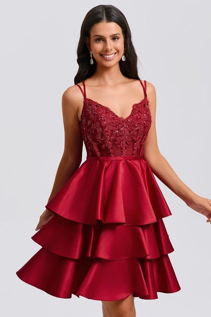 Princesse col v court satin robe de bal de promo avec paillettes appliques de dentelle perles - gallery 4