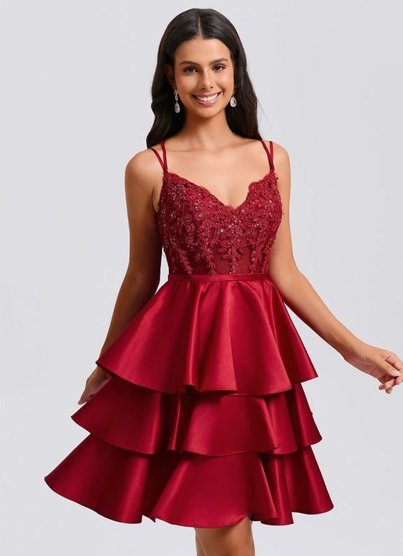 Princesse col v court satin robe de bal de promo avec paillettes appliques de dentelle perles - gallery 4