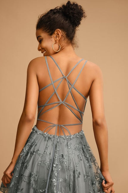 Princesse col v longueur ras du sol tulle dentelle robe de bal - gallery 5