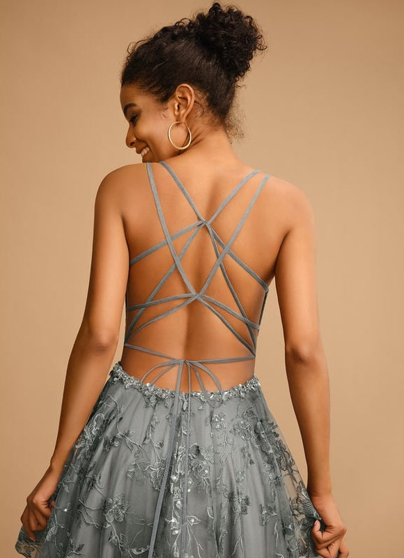 Princesse col v longueur ras du sol tulle dentelle robe de bal - gallery 5