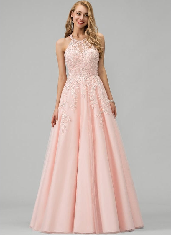 Princesse col rond longueur ras du sol tulle robe de bal avec perles paillettes - gallery 4