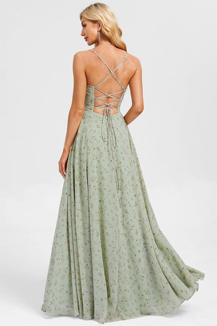 Trapèze col v longueur ras du sol mousseline robe de bal avec plissée - gallery 3