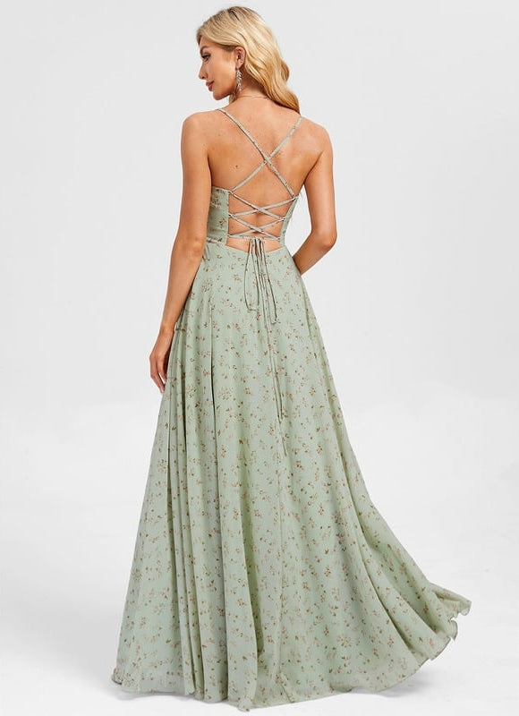 Trapèze col v longueur ras du sol mousseline robe de bal avec plissée - gallery 3