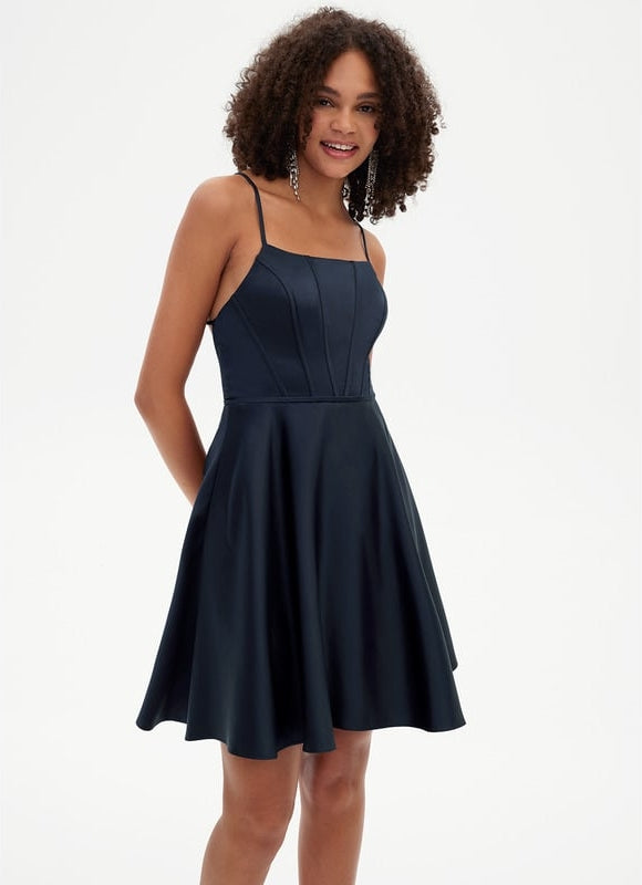 Trapèze col rond court satin robe de bal de promo - gallery 4